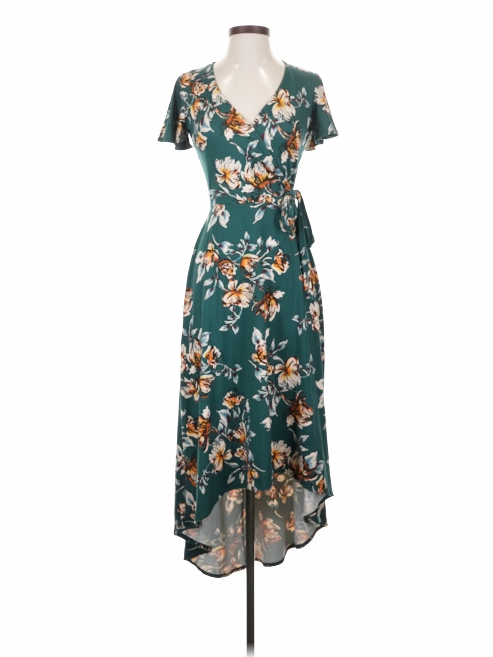 Printed Wrap High-Low Dress in Teal Floral